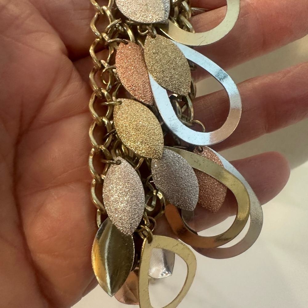 Multi-Tone Shimmer Leaf & Teardrop Metal Light Bib Statement Extender Necklace - Picture 8 of 10
